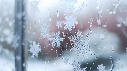 Snowflakes on a windowpane during a blizzard, macro lens to show the unique patterns and clarity of the snowflakes against a blurred background