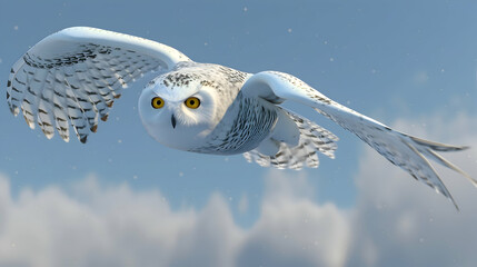 Snowy owl in flight against a crisp blue winter sky, high-speed photography to freeze the action and capture every detail of the feathers