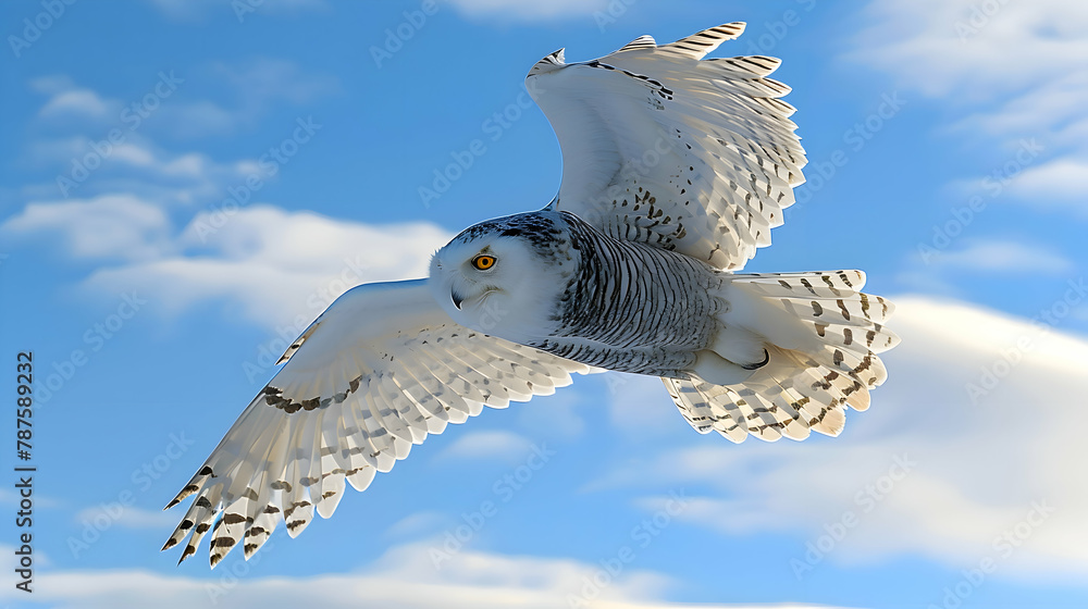 Wall mural Snowy owl in flight against a crisp blue winter sky, high-speed photography to freeze the action and capture every detail of the feathers