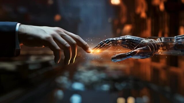 Hand of robot and human touching. Big data network connection. Artificial intelligence technology