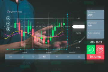 trading stock market, invesment concept, businessman using digital tablet working on virtual trading graph