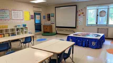 A classroom with a sensory table, an empty whiteboard, and posters promoting mindfulness.