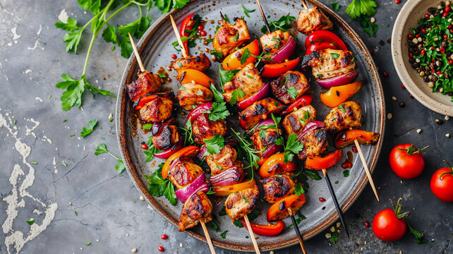 des brochettes de poulet cuites, avec poivrons et oignons, dans une assiette, vue de dessus