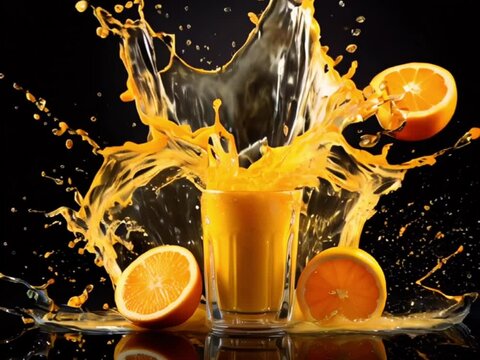 Glass with fresh oranges on reflective black surface. Dynamic splash of orange juice