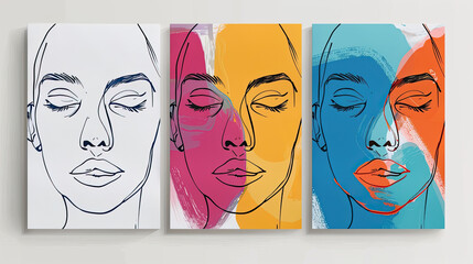 colorful paint portraits Woman head vector lineart illustration Woman Line Art Minimalist Logo for wall decoration, postcard or brochure cover design.