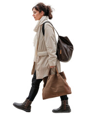 femme vue de profil, en train de marcher, avec un sac - fond transparent