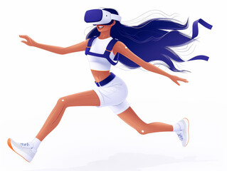 Obraz premium Illustration of a woman with long flowing hair, wearing a VR headset, and running.