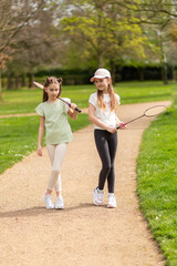 Two girls with badminton rackets on a park path.