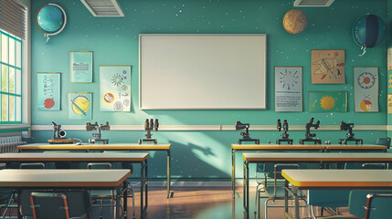 A classroom with colorful posters illustrating science concepts, an empty whiteboard, and microscopes on desks.