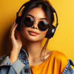 Headphone Hideaway: Cool Vibes Flow as Woman Enjoys Music. Yellow Backdrop. generative AI