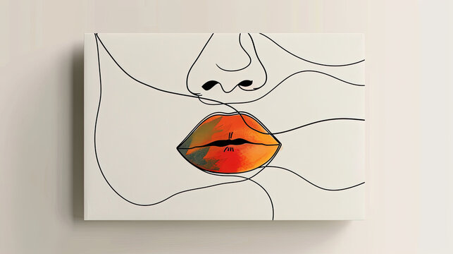Woman face lips mouth vector lineart illustration with red lips Woman Line Art Minimalist Logo for wall decoration, postcard or brochure cover design. business portrait - Powered by Adobe
