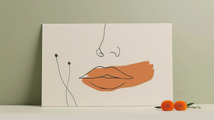 Woman face lips mouth vector lineart illustration with orange peach lips Woman Line Art Minimalist Logo for wall decoration, postcard or brochure cover design. business portrait