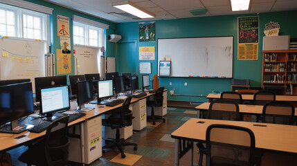 A classroom with computers and coding books, an empty whiteboard, and inspirational posters.