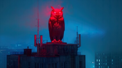 an glowing red owl statue on the top of a tall building - Powered by Adobe