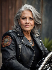 An elderly woman with gray hair and a motorcycle fanatic. - obrazy, fototapety, plakaty