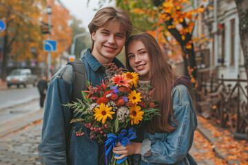 Fototapeta premium A young couple is posing for a picture with a bouquet of flowers
