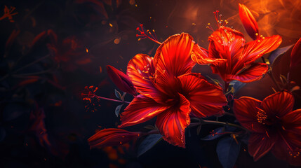 A close up of two red flowers with a dark background - Powered by Adobe