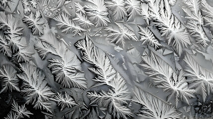 The intricate patterns of a frosty window, macro lens to focus on the frost details with a shallow depth of field for artistic effect