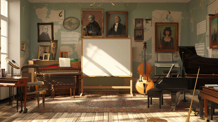 A classroom with musical instruments, an empty whiteboard, and posters depicting famous composers.