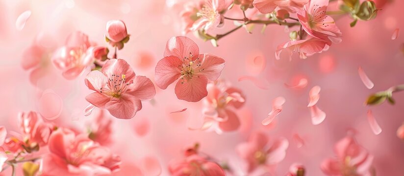 Fresh quince blossoms, lovely pink flowers gently floating in the pink background. The image depicts a sense of weightlessness, capturing the essence of spring flowers in high resolution.