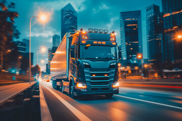 Truck city street, highway in night time. Motion blur, light trails. Transportation, logistic