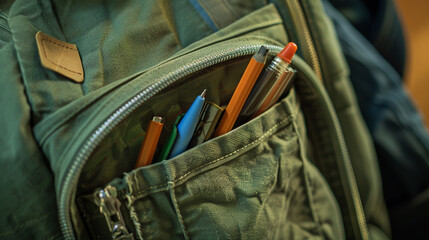 A close-up of a school bag's front pocket, containing pens, pencils, and erasers.