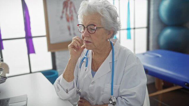 A contemplative senior woman doctor in a clinic interior with medical poster and exercise ball in the background.