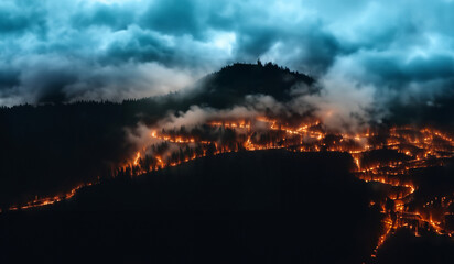 forest fires view from above, trees are burning in the mountains