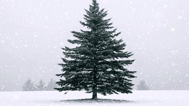 Christmas tree. Falling snowflakes. Falling snowflakes effect. Looped snow. Minimalistic background. Minimalistic style. Generative AI.
