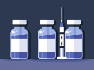 Illustration of three vaccine vials and a syringe on a dark background.