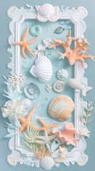 Elegant marine frame with shells and starfish ideal for summer themed designs and beach wedding invitations.