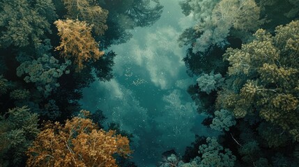 Tranquil woodland seen from above - obrazy, fototapety, plakaty