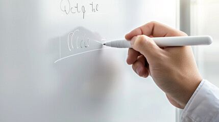 A fine-tip whiteboard marker writing on a glossy whiteboard.