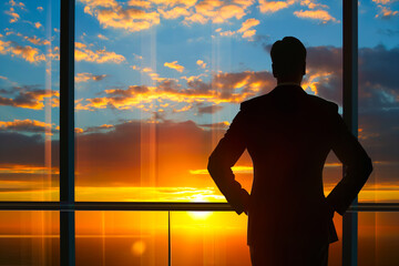 Fototapeta premium Young businessman looking through window of his office, bright future. Sunset light.