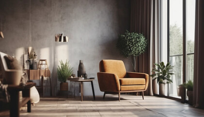 Fototapeta na wymiar Minimalist interior with armchair and rustic decors, ai