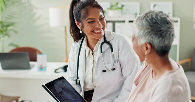Consultation, tablet and doctor with elderly patient in hospital office for diagnosis, surgery or treatment. Discussion, medical and healthcare worker with woman with digital technology in clinic. - Powered by Adobe