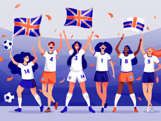 Fototapeta premium Illustration of female soccer players celebrating with UK flags.