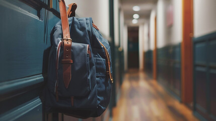 A neatly packed school bag hanging from a hook in a hallway, awaiting its owner's return.