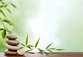 Stack of smooth stones with bamboo leaves on a wooden surface against a soft green background