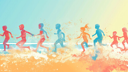 Joyful kids running in the water, suitable for children's event posters and educational beach activity promotions - obrazy, fototapety, plakaty
