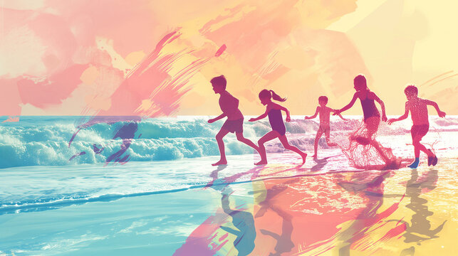 Group of children running on the beach, abstract colorful illustration, summer fun