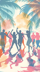 Tropical Beach Festivity with Joyful Dancing Figures - Ideal for Vibrant Festival Posters and Flyers