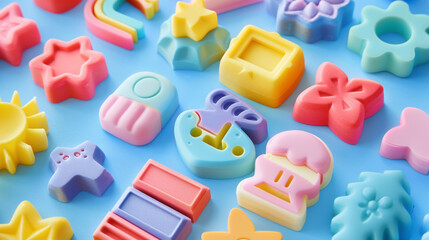 A pack of colorful erasers with different shapes and designs, ready to correct mistakes with style. - obrazy, fototapety, plakaty
