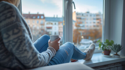 Relaxed Woman Enjoying Coffee by Window at Home
