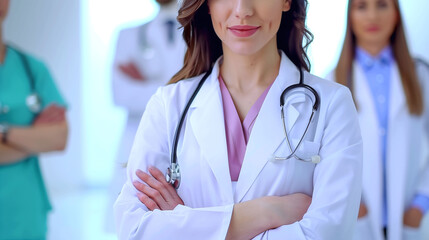Confident Female Doctor with Medical Team in Background