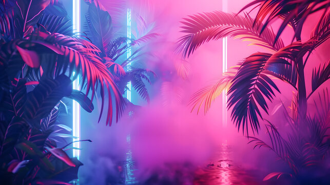 Illustration of a tropical background in neon light in retro style