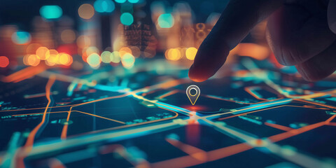 Finger Pointing at 3D GPS Pin on Illuminated City Map