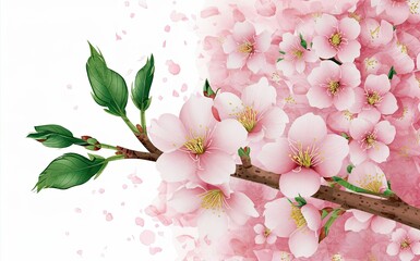 Obraz premium A watercolor painting depicting pink flowers blooming on a branch against a white background. Generative AI