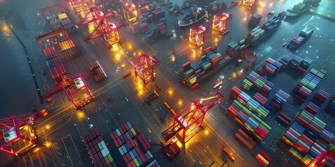 From above, the bustling shipping port glows with vibrant containers forming a colorful mosaic under the night's floodlights. - obrazy, fototapety, plakaty