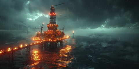 A helicopter sweeps over the oil rig, its spotlight piercing the intense ocean backdrop in a dramatic cinematic night shoot. - obrazy, fototapety, plakaty
